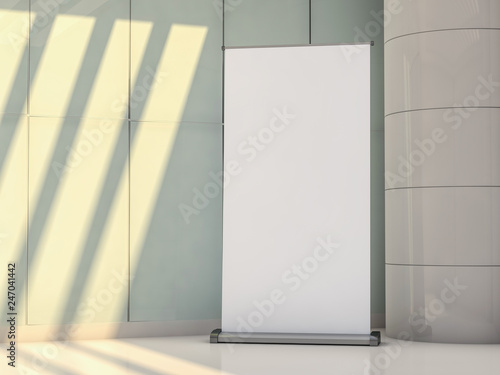 Blank rollup banner display. Template mockup. 3D photo