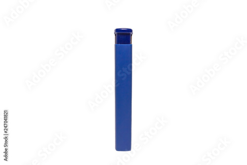 Blue plastic lighter in the back on a white isolated background