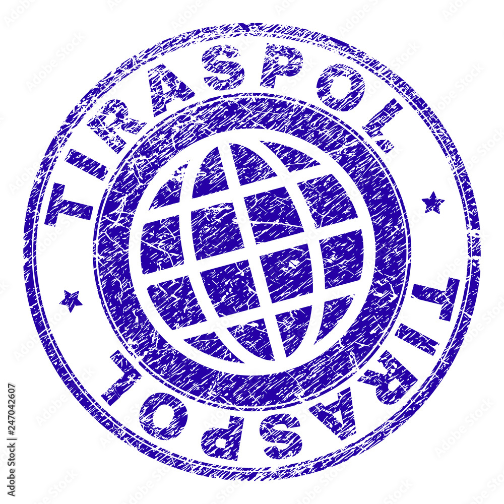 TIRASPOL stamp print with grunge texture. Blue vector rubber seal print of TIRASPOL label with retro texture. Seal has words placed by circle and planet symbol.