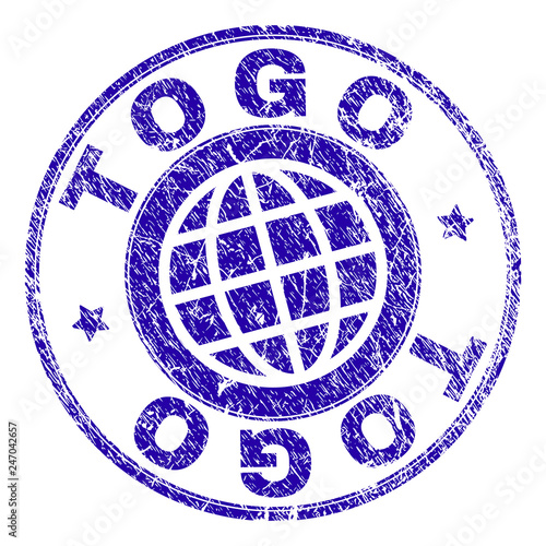 TOGO stamp print with grunge texture. Blue vector rubber seal print of TOGO text with dust texture. Seal has words arranged by circle and globe symbol.