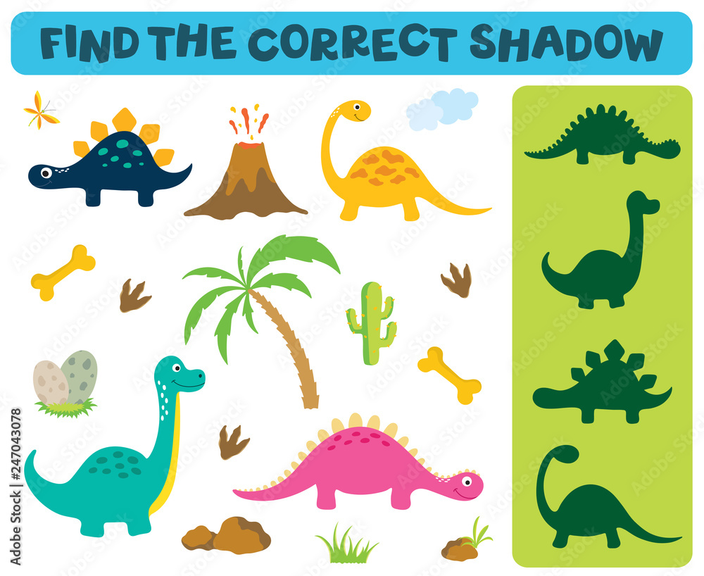 Fototapeta premium Find the correct shadow. Adorable dinosaurs isolated on white background