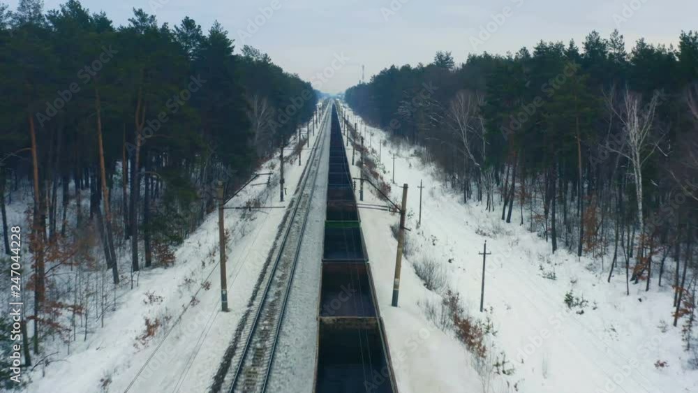 Aerial following view of the freight train, carrying empty cargo containers, moving on the winter snowy forest