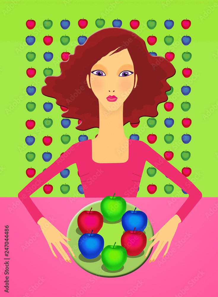 Fototapeta premium Genetically modified products. A girl with a plate of malonic, green and blue apples.