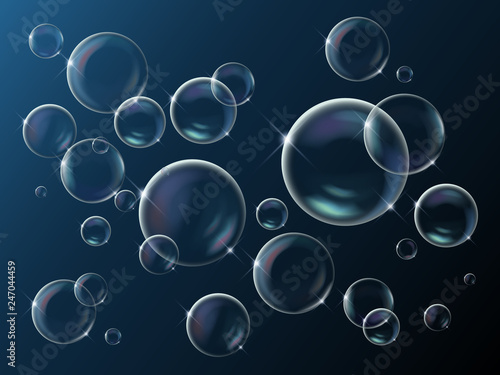 Background with realistic bright sparkling soap bubbles with rainbow reflection, vector illustration.