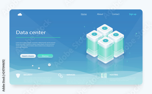 Data center, server room. Big modern data center, server room, cloud data storage files service, data rpocessing isometric vector technology.