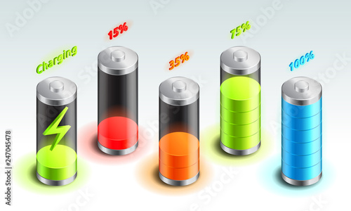 Set of battery charge isometric icon, accumulator indicator, from full charge to discharged, isometric battery vector illustration.