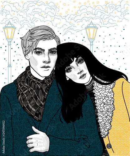  vector young couple guy and girl go under the arm under the snowfall and stars in the light of lanterns
