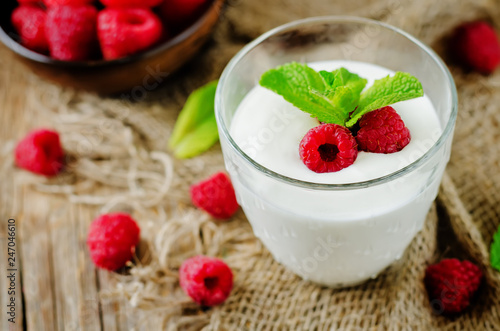 Greek yougurt with fresh raspberries and mint