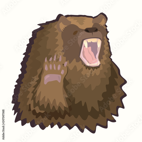 Sticker brown bear. Picture of a bear character threateningly raising and raising its paw.