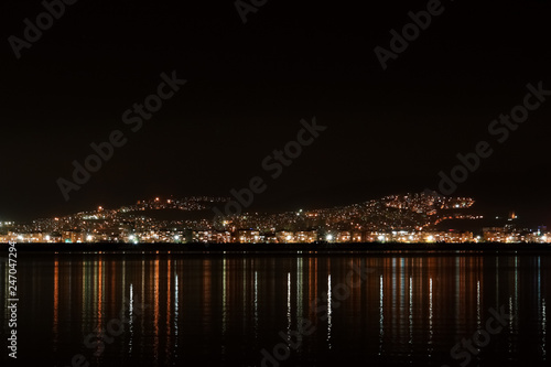 Panorama of the harbour and the city of Izmir at night.