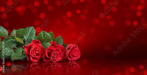 Card for Valentines Day or wedding with roses bouquet on red background with glowing bokeh © julia_arda