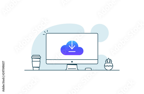 Cloud upload icon on computer screen. Vector illustration in line art style