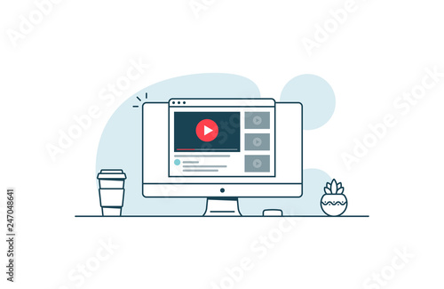 Video service concept. Computer with open browser and video player. Vector illustration in line art style
