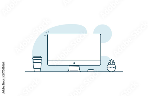 Personal computer with blank screen. Workspace with computer, coffee cup and plant. Vector illustration in line art style