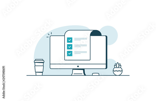 Computer with checklist. Workspace with computer, coffee cup, plant and paper with checkboxes. Vector illustration in line art style