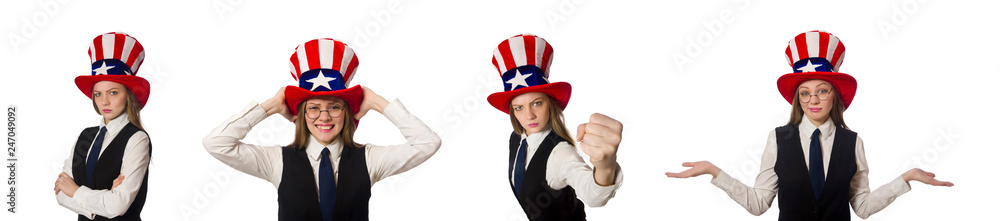 Woman wearing hat with american symbols Woman wearing hat with american symbols