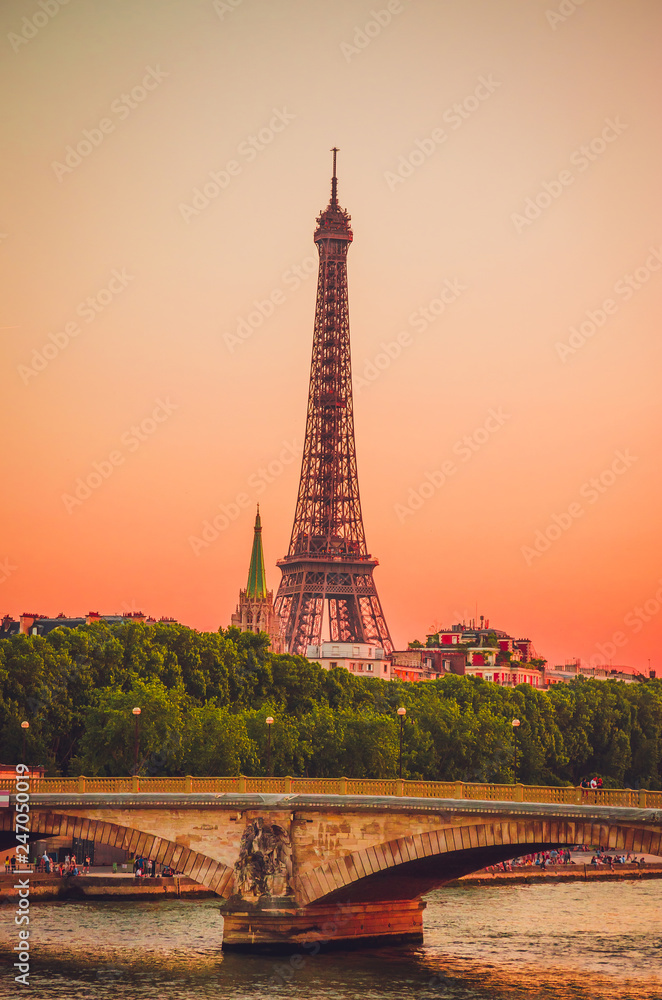 Sunset view of  Eiffel Tower and river Seine in Paris, France.