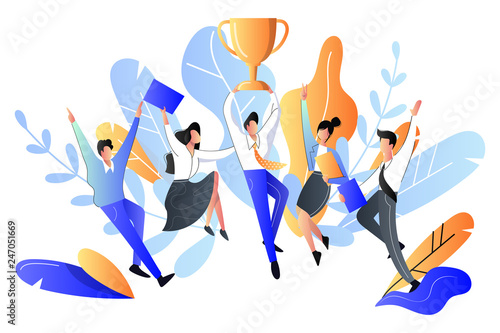 Successful team or teamwork concept. Vector flat style illustration. Happy young people got prize, business metaphor photo