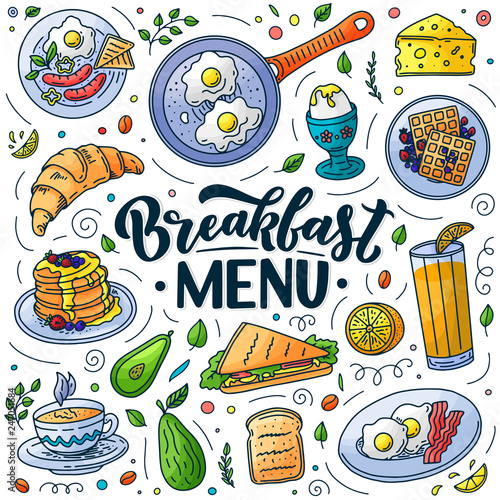 Breakfast menu design elements. Vector doodle illustration. Calligraphy lettering and traditional breakfast meal.