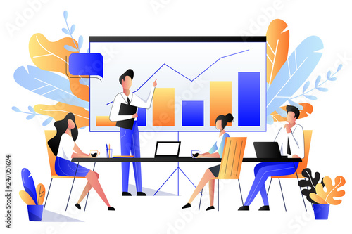 Project presentation concept. Vector flat style illustration. People at business meeting or marketing conference