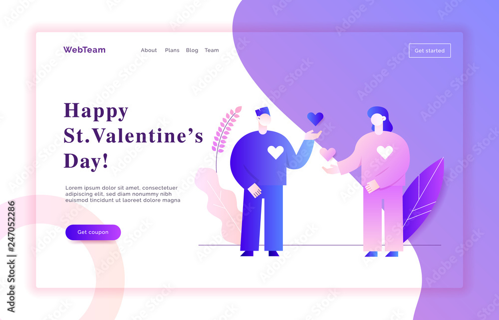 Valentines day romantic people couple of man and woman lovers in gradient pink and violet colors flat style design concept with big modern characters. Love web banner Valentines day romantic people couple of man and woman lovers in gradient pink and violet colors flat style design concept with big modern characters. Love web banner