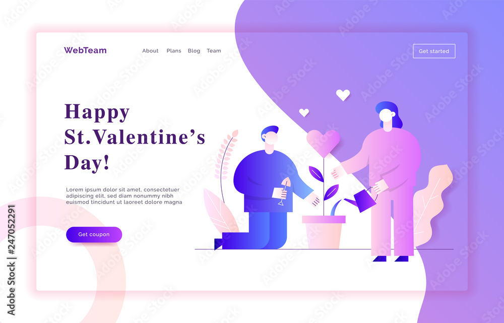 Valentines day romantic people couple of man and woman lovers in gradient pink and violet colors flat style design concept with big modern characters. Love web banner Valentines day romantic people couple of man and woman lovers in gradient pink and violet colors flat style design concept with big modern characters. Love web banner