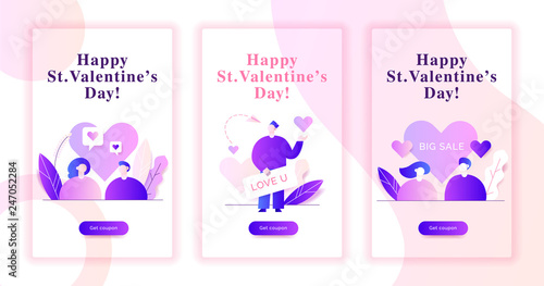 Valentines day romantic people couple of man and woman lovers in gradient pink and violet colors flat style design concept with big modern characters. Love web banner