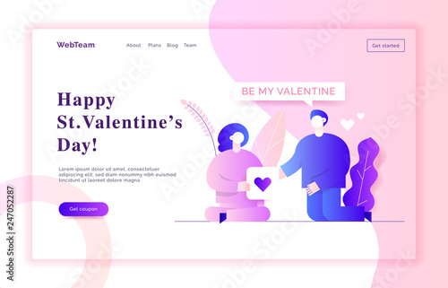 Valentines day romantic people couple of man and woman lovers in gradient pink and violet colors flat style design concept with big modern characters. Love web banner
