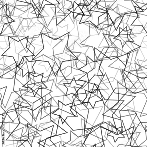 Abstract seamless pattern of randomly arranged contours of stars in black and white colors