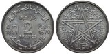 Morocco Moroccan aluminum coin 2 two francs 1951, value and date in French and Arabic, star surrounded by country name in two languages,