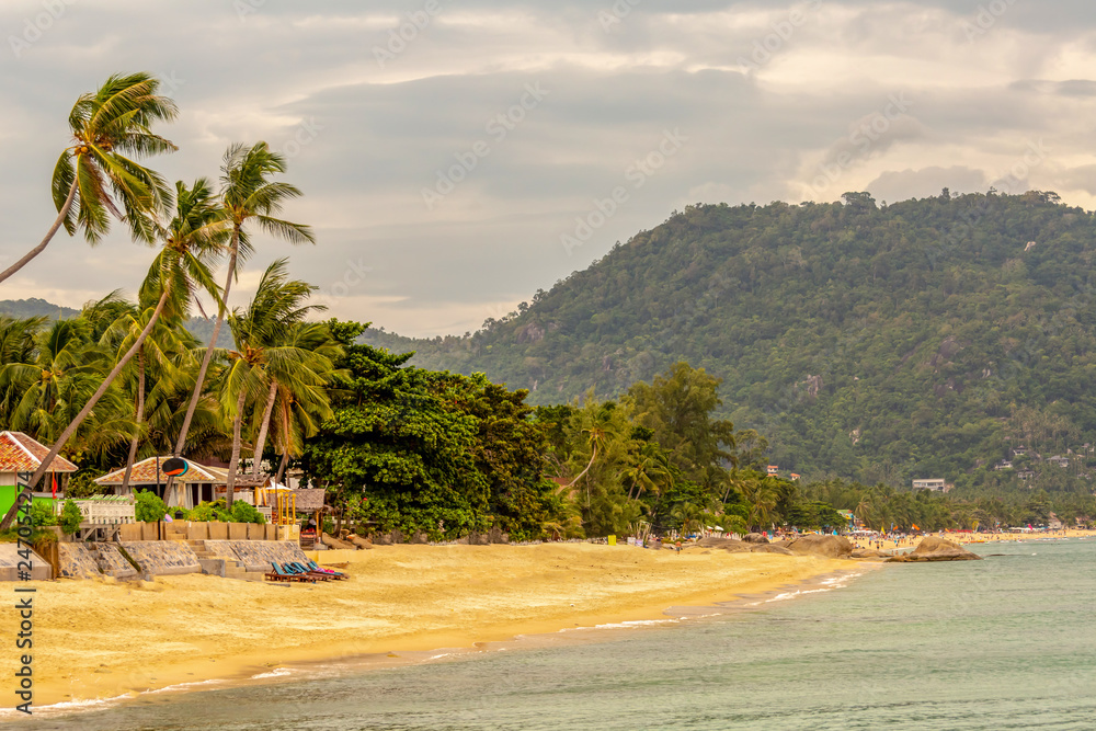 beach paradise vacation tropical shore llamai samui thailand yellow sand palm trees bungalows on the ocean shore