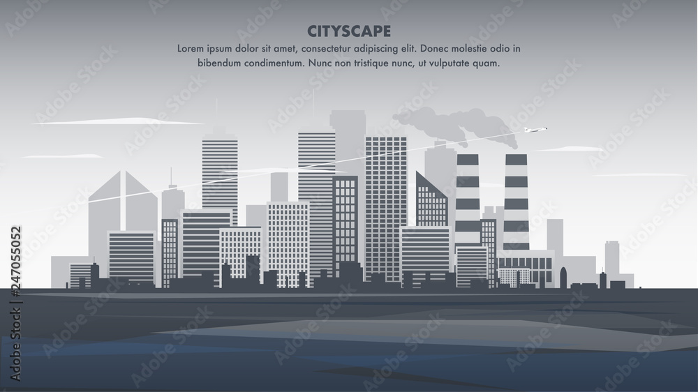 Flat Banner Illustration Gray Panorama Cityscape. Silhouette Modern City. Flying Plane over Metropolis Building. Skyscraper Business Center Company. Office Space. Industrial Centre. Smoke Plant