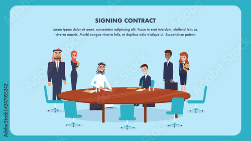 Illustration Two Man Signing Contract Cooperation. Flat Vector Banner Man Arab and Guy in Suit Sit at Round Wooden Table. Woman Holds Folder with Document. International Partnership Company.