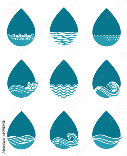 collection of water drop icons isolated on white background