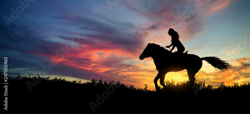 Silhouette of a woman at horse at sunset