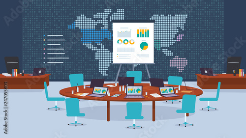 Conference Room Company for Business Negotiations. Flat Vector Illustration Round Wooden Table with Laptop. Workspace Office Corporation. Making Bargain. World Map on Wall. Profit Growth Chart
