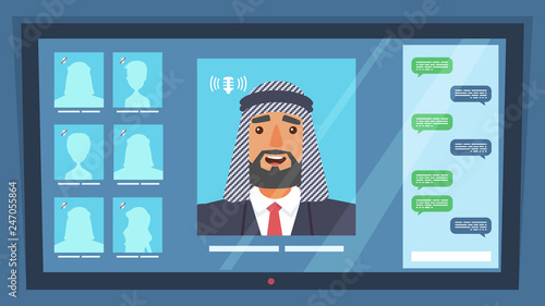 Online Conference Representative Business Company. Flat Vector Illustration Man Arab Nationality Conducts Video Chat with an Affiliate Company. Discussion Work Plan. Factory Production Report. Monitor