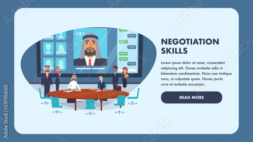 Illustration Negotiation Skills Business People. Banner Group People Conference Hall. Two Men Sign Cooperation Agreement. Bearded Arab from Screen Monitor Online Controls Process. Woman Holds Folder