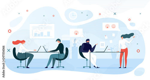 Lazy Company Employee Shirking of Work Flat Vector with Female and Male Office Workers Sitting at Work Desk, Working on Laptop While Two Colleagues Talking Illustration. Office Informal Communication