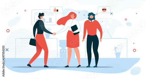 Business People Communication Flat Vector Concept with Businesswoman Shaking Hand to Partner, Company Hiring Manager Welcoming New Employee Illustration. Business Meeting for Negotiations in Office
