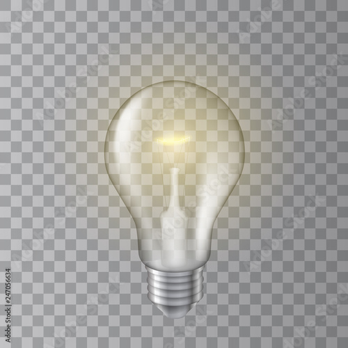 Beautiful realistic vector lit light bulb on transparent background.