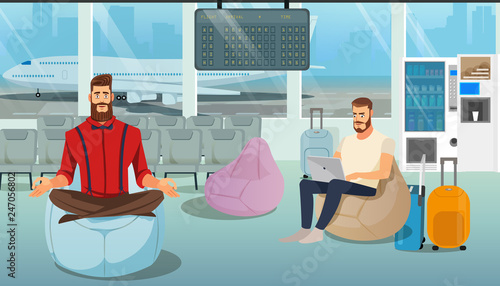 Airplane Passenger, Freelancer or Businessman in Business Trip Working and Resting in Airport Comfortable Lounge while Waiting for Flight Cartoon Vector Illustration. Airline Client Services Concept