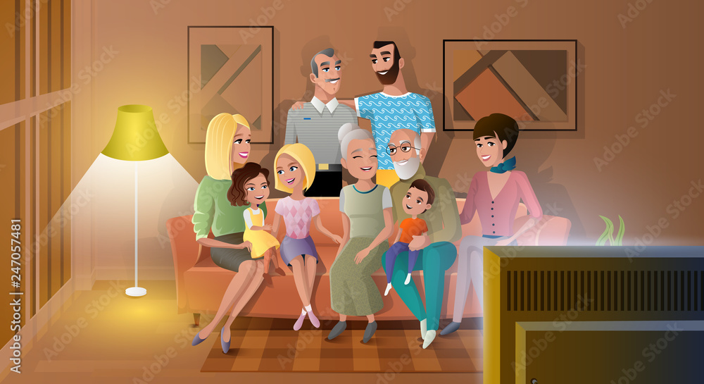 Tree Generations of Big Family Gathered at Home, Spending Time Together,  Watching Evening TV Show while Sitting at Sofa in Living Room Cartoon  Vector Illustration. Traditional Family Values Concept Stock Vector |
