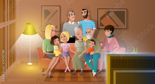 Tree Generations of Big Family Gathered at Home, Spending Time Together, Watching Evening TV Show while Sitting at Sofa in Living Room Cartoon Vector Illustration. Traditional Family Values Concept
