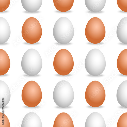 Vector 3d realistic white and brown eggs seamless pattern. Isolated object with shadow on white background. Eggs mockup texture for Easter poster design