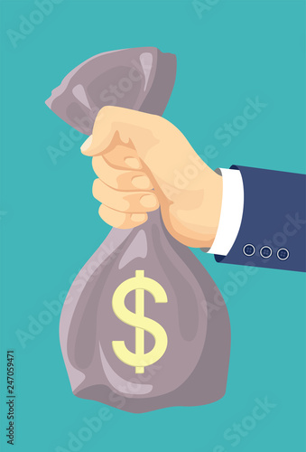Bag with money in the hand of a businessman. Man holds сash bag. Vector illustration in cartoon flat style.