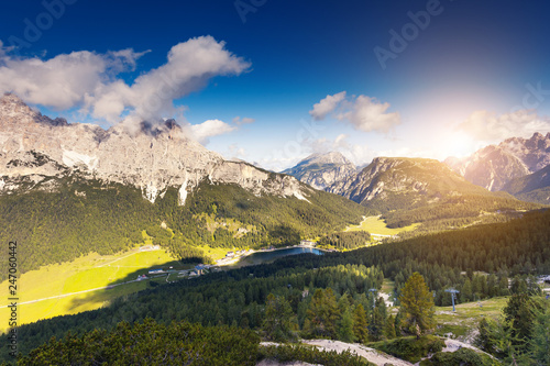 Sunny view of the wonderful alpine valley. Location place Misurina, Dolomiti alp, Tyrol, Italy.