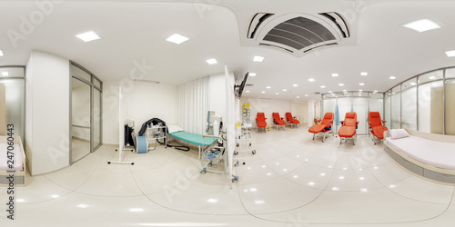 Panoramic picture of the 360 place for intravenous taking of drugs before chemotherapy or donating blood for tests in the laboratory of the clinic spherical 360 panorama hospital