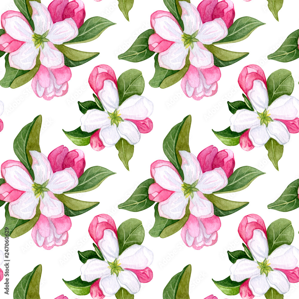 Seamless pattern with pink and white flowers apple and peach. Seamless pattern with pink and white flowers apple and peach.