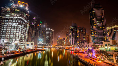 Panoramic view on night highlighted luxury Dubai Marina,Dubai,United Arab Emirates